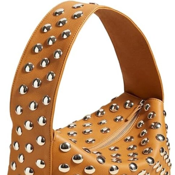 NEW Tan Faux Leather Shoulder Bag With Silver Studs - Picture 6 of 10